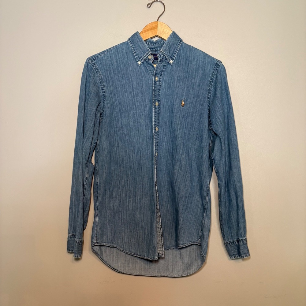 Ralph Lauren Mens Blue Denim Button Down Shirt Long Sleeve Pony Logo Small S P
